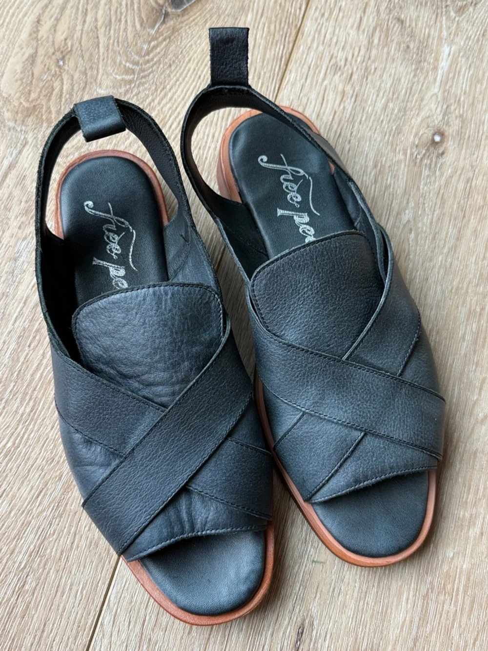 Free People Black Leather Crisscross Slingback Sandals Size 38
